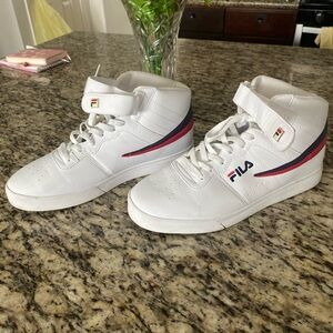 Fila White High-Top Sneakers with Red and Blue Accents